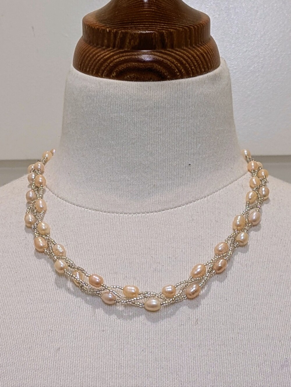 EUC 18" Braided Champagne Freshwater Pearl and Seed Bead Necklace